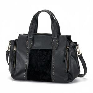Dolce Vita Satchel Bag Womens Black Faux Leather Velvet Panel Studded Shoulder